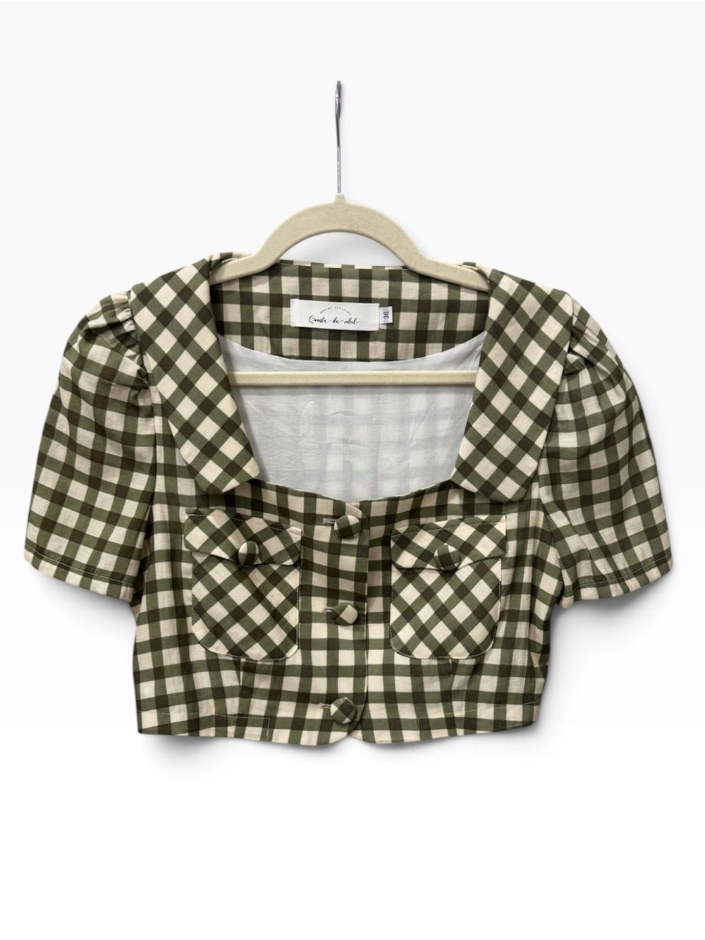 Quanta du Soleil Gingham Cropped Puff Sleeve Top Green Size 36 US Sz 4 or S - Picture 2 of 8